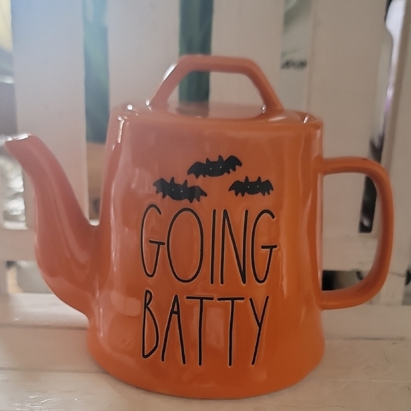 Rae Dunn Orange Teapot with 'Going Batty' Design - Picture 1 of 3